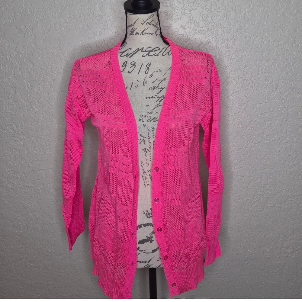 LEI Neon Pink Pointelle Knit Button Front Cardigan Sweater XL Junior